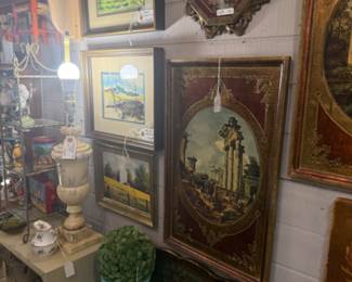 Framed art, topiary, lamps