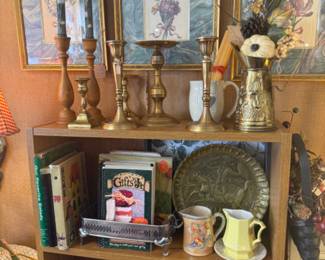 brass candlesticks, framed prints, books and more
