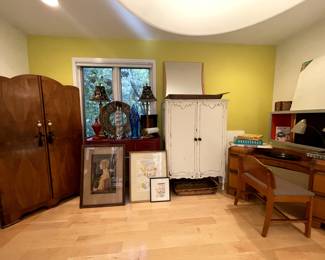 Really sweet wardrobe and MCM desk, painted cabinet, red table