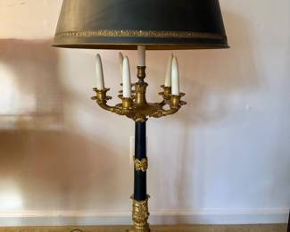 Pair of French Empire, bronze candelabra table lamps with marble base