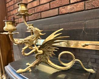 Pair of Solid Brass Antique Double Headed Dragon Candelabra