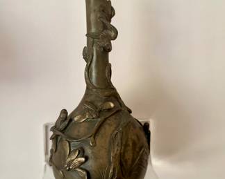 Japanese Bronze Birds Flowers Bottle Vase Meiji Period