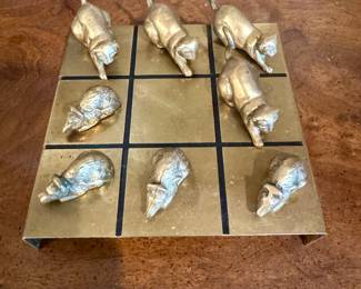 VINTAGE BRASS CAT AND MOUSE TIC TAC TOE
