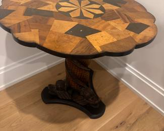 Hand Carved Dolphin Pedestal Marquetry Table