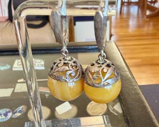 Baltic yellow amber drop earrings set in 925 sterling