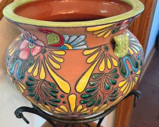 Talavera planter with wrought iron stand