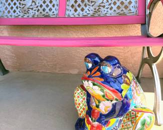 Outdoor bench + Talavera frog planter
