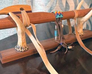 Native American cedar flute with stand and pouch