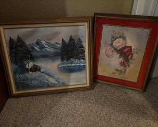 Oil on canvas. 25" x 30" (mountain lake) 25" x 21" (roses)