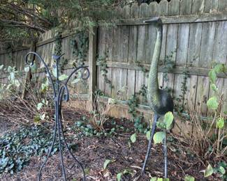 48" iron crane statue and 3 plant holder
