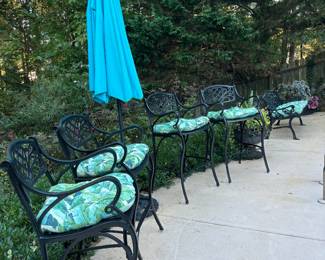 4 wrought iron barstools, outdoor umbrella, wrought iron park bench