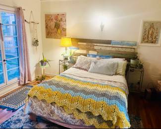 Custom Bed-frame, crafted by a local artist, includes underneath drawers for storage, $900
Large & Small rugs, plants, artworks, & more.
Bedside tables.
Plants.
Art & more!