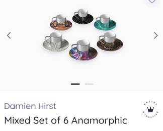 $475
Damien Hirst anamorphic and silvered porcelain espresso cups & saucers. The silvered cups reflect the designs found on the saucers. Hallmark brand stamp at undersides.
The set was produced to accompany Hirst’s exhibition at the Tate Modern in 2012.