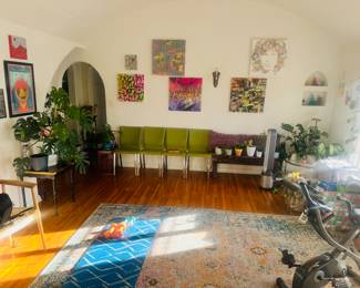 Variety of modern art, paintings, photography & plants. Large rugs. Exercise bike. Free weights. Wooden bench. Chairs. Prices varied.