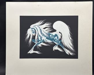 Signed Modern Turquoise & White Horse Print