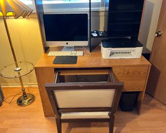 Computer desk, computer monitor, keyboard, printer, chair