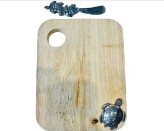 Wooden Cheese Board & Knife With Turtle Silver Accents - Signed Mudpie