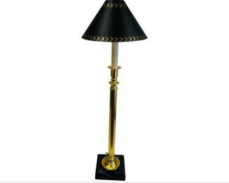 Brass Candlestick Lamp With Marble Base & Hand Painted Toleware Shade