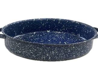 Vintage Blue White Speckled Enamelware Small Oval Roasting Pan