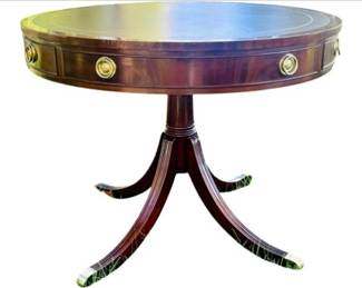 Duncan Phyfe Style Drum Table With Tooled Leather Surface, Single Drawer, & Brass Casters