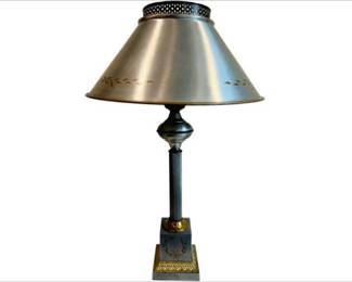 Empire Style Table Lamp With Matching Toleware Shade & With Interior Milk Glass Torchiere Fitting