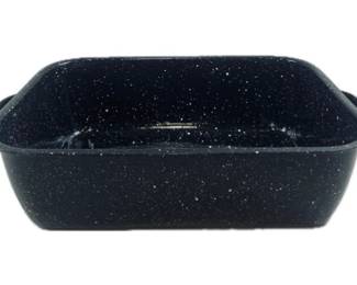 Vintage Black White Speckled Enamelware Roasting Pan