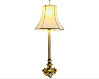 Brass Table Lamp With Scalloped Shell Footed Base, Matching Finial, & Linen Shade