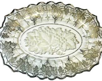Sterling Silver Overlay On American Glass - Intaglio Grapes & Vine Design With Detailed Silver Workmanship