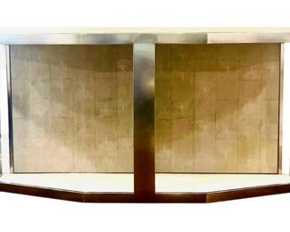 Large Contemporary Pier Table - Brushed Metal, Shagreen Detailing, & Oak Surface