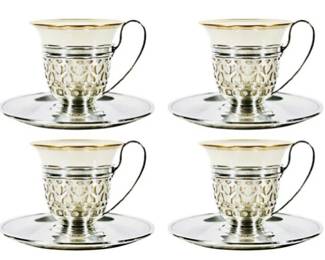 Sterling Silver Reticulated Cup Sleeves, Matching Saucers & Lenox Porcelain Espresso Liners