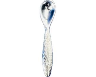 Small Silver Plate Condiment Spoon - Feather Detailing On Handle