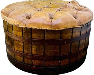 Leather Topped Wine Barrel Style Ottoman