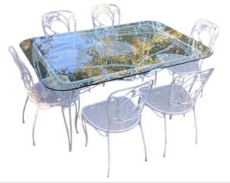 Vintage Wrought Iron Dining Set - Glass Top Garden Table & Six Matching Chairs With Dogwood Floral Ironwork