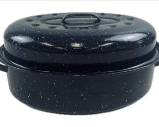 Vintage Black Speckled Enamel -Oval Roaster Pan W/Lid