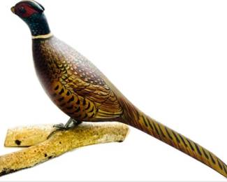 Signed Miniature Decoy - "James Ahern" - Ring-Neck Pheasant - Mounted On Birch Branch Base