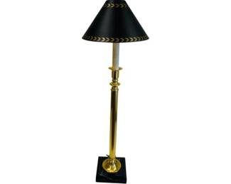 Brass Candlestick Lamp With Marble Base & Hand Painted Toleware Shade