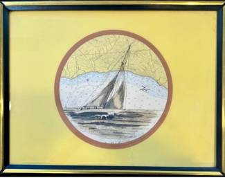 Original Pen & Ink Sailing Ship On Nautical Charts By B. Mann