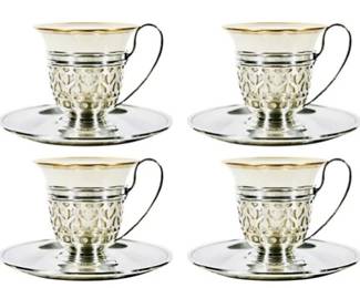Sterling Silver Reticulated Cup Sleeves, Matching Saucers & Lenox Porcelain Espresso Liners