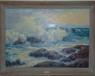 Albert R Fuller, Maine seascape "Plunging Surf", oil on canvas.