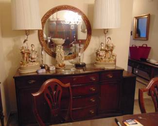 Bow front buffet, mirror, lamps and other items. Items sold individually or in sets as appropriate.