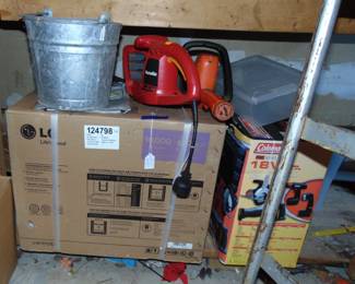 LT 10000 BTU window AC, hedge clippers and Coleman 18 v battery powered tools set with case.