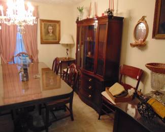 Duncan Phyfe Dining room table and 7 chairs, matching China Hutch and other items. Items sold individually or in sets as appropriate.