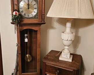 Grandfather clock, end stable, Alabaster Lamp and plaster ceiling medallion.