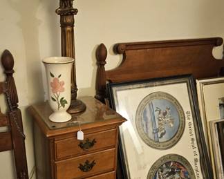 Pine nightstand, lamp, and other items, each sold separately.