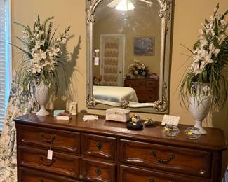 Vintage Thomasville FP Style Fruitwood Triple Dresser. 
Vintage Louis XVI- Style Silver Trumeau Mirror 