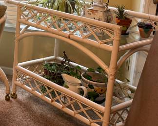 Vintage Rattan & Glass 2 Tier Dry Bar Serving Cart Trolley 