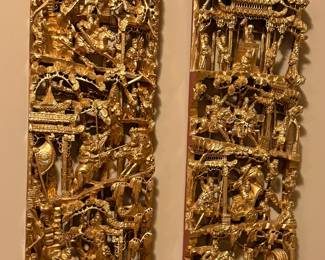 Vintage Gilded Wooden Carved Panels Depicting Chinese Battle. 