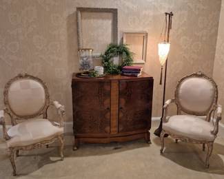 Pair of Silk Upholstered Chair and Venetian Designs Silk Floor Lamp