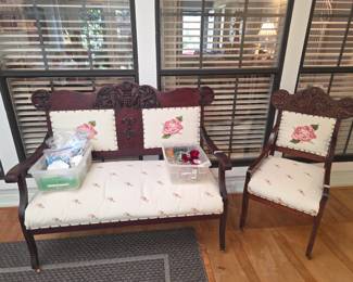 Vintage upholstered settee & matching chair with miscellaneous