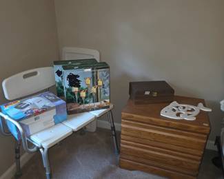 Bath chair, wood end table & more
